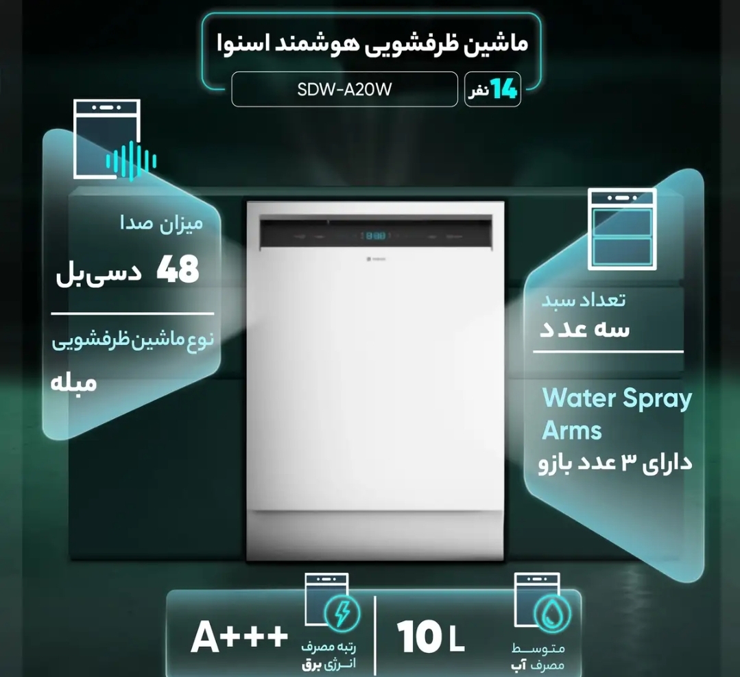 ماشین ظرفشویی اسنوا مدل SDW-A20W ظرفیت ۱۴نفره مبله با ۷برنامه رنگ سفید